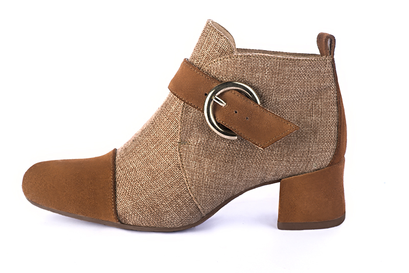 Caramel brown women's ankle boots with buckles at the front. Round toe. Low flare heels. Profile view - Florence KOOIJMAN